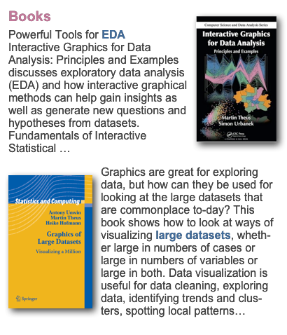 Book￼sPowerful Tools for EDA Interactive Graphics for Data Analysis: Principles and Examples discusses exploratory data analysis (EDA) and how interactive graphical methods can help gain insights as well as generate new questions and hypotheses from datasets. Fundamentals of Interactive Statistical … more
￼Graphics are great for exploring data, but how can they be used for looking at the large datasets that are commonplace to-day? This book shows how to look at ways of visualizing large datasets, wheth-er large in numbers of cases or large in numbers of variables or large in both. Data visualization is useful for data cleaning, exploring data, identifying trends and clus-ters, spotting local patterns… more